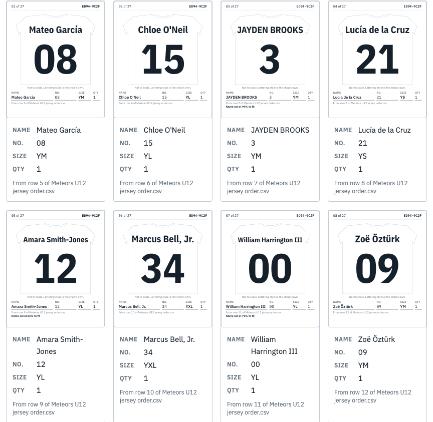 Individual proofs from the fictional demonstration order: each name and number as it will be set, with the exact text of every field and the row it came from.